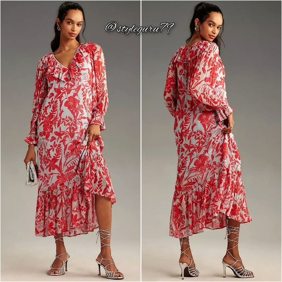 NWT Anthropologie Long-Sleeve V-Neck Chiffon Ruffle Midi Dress